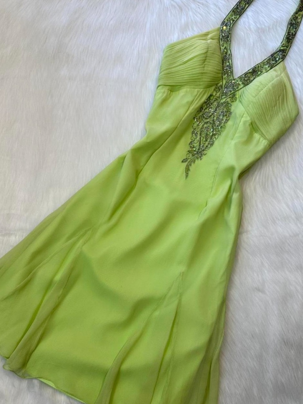 Embellished Halter Neck Lime Green Dress